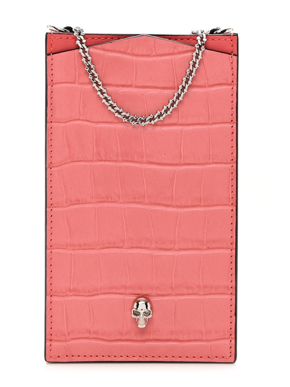 ALEXANDER MCQUEEN Calfskin Crocodile Embossed Chain Phone Case Neon Pink